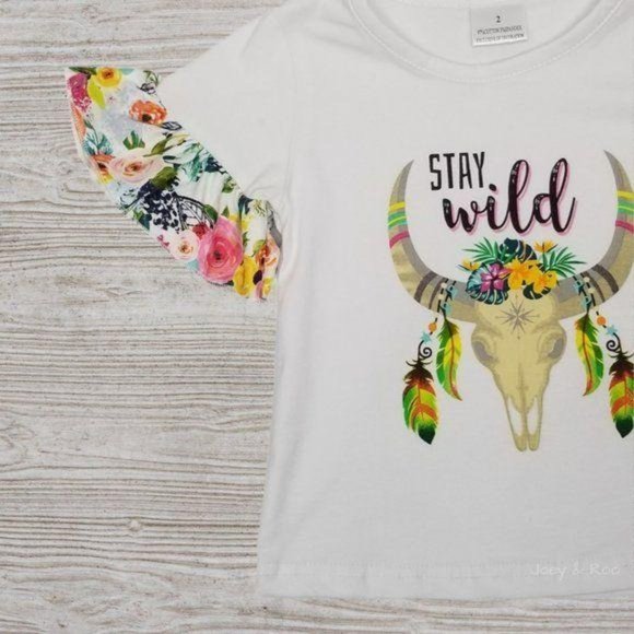 Stay Wild Cow Skull Floral Ruffle Sleeve Top - Picture 2 of 3